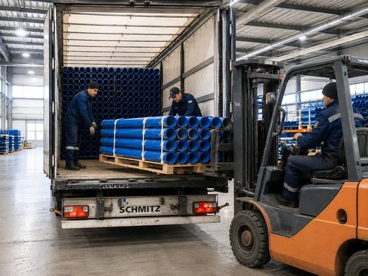 Отгрузка: трубу грузят в машину со склада, поштучно